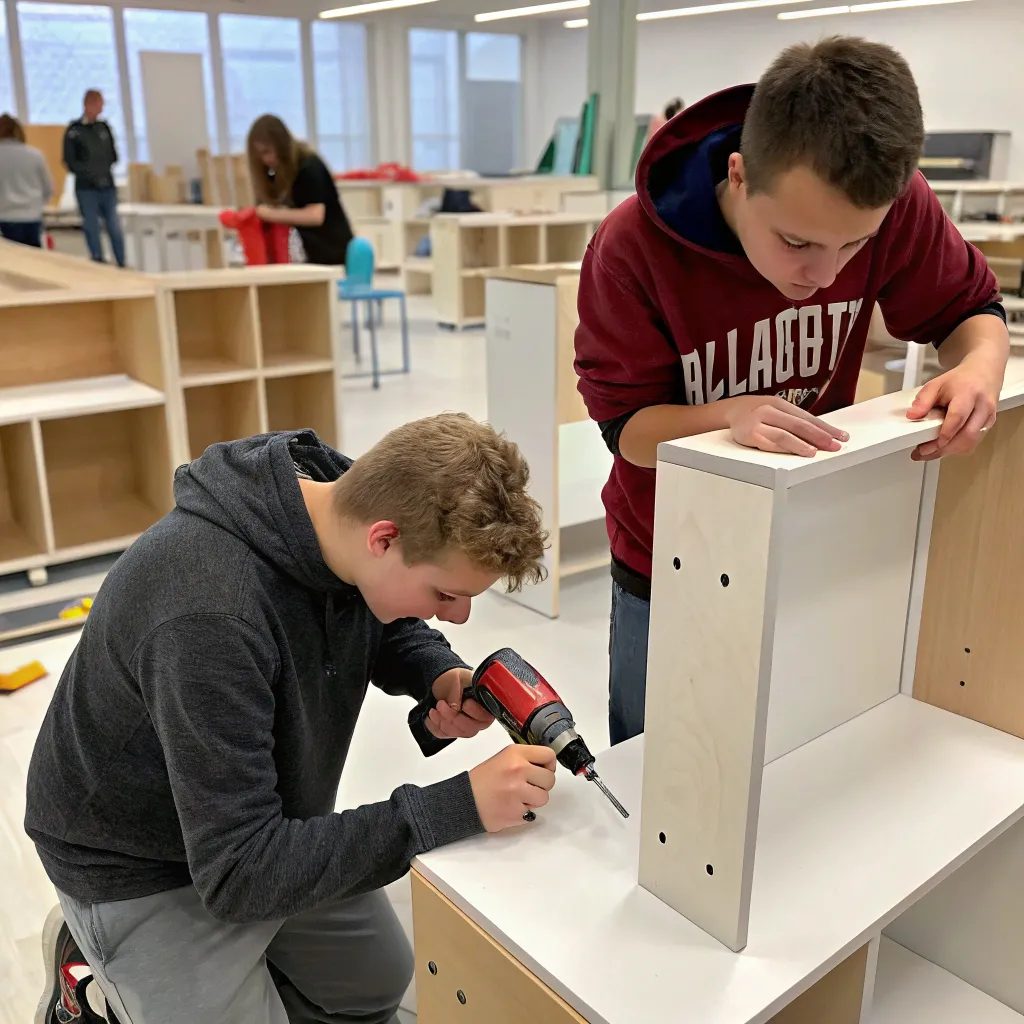 Students assembling furniture